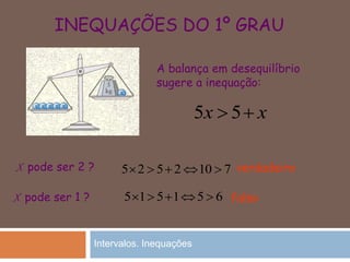 INEQUAÇÕES DO 1º GRAU
5 5x x 
5 2 5 2 10 7    
A balança em desequilíbrio
sugere a inequação:
X pode ser 2 ?
X pode ser 1 ? 5 1 5 1 5 6    
verdadeiro
falso
Intervalos. Inequações
 