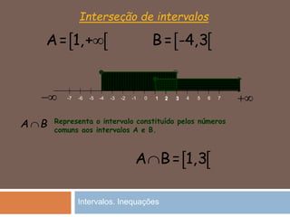 Interseção de intervalos
 A= 1,+
0-1-2-3-4-5-6-7 1 2 3 4 5 6 7 
 A B= 1,3
 B= -4,3
Representa o intervalo constituído pelos números
comuns aos intervalos A e B.
A B
1 2 3
Intervalos. Inequações
 