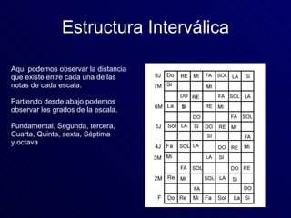 Estructura Interválica Aquí podemos observar la distancia  que existe entre cada una de las  notas de cada escala. Partien...