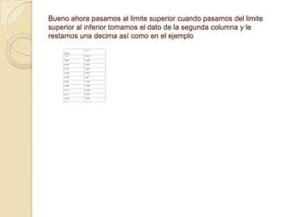 Bueno ahora pasamos al limite superior cuando pasamos del limite
superior al inferior tomamos el dato de la segunda columna y le
restamos una decima así como en el ejemplo
 