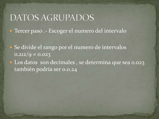  Tercer paso .- Escoger el numero del intervalo


 Se divide el rango por el numero de intervalos
  o.212/9 = 0.023
 Los datos son decimales , se determina que sea 0.o23
  también podría ser 0.0.24
 