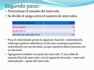 Segundo paso:
 Determinar el tamaño del intervalo.
 Se divide el rango entre el numero de intervalos.
 Para el redondeado pones la siguiente función =redondear(la
celda que quieres redondear;1) este uno es porque queremos
redondearlo con un decimal, ya que nuestros datos cuentan con
un decimal.
 Agregamos también un ajuste de intervalo. Y una celda de
tamaño final de intervalo.( con la siguiente formula = intervalo
redondeado + ajuste del intervalo.
Tamaño del intervalo 2,313
Redondeado 2,3
Ajuste del T.I. 0
Tamaño del Intervalo final 2,3
 