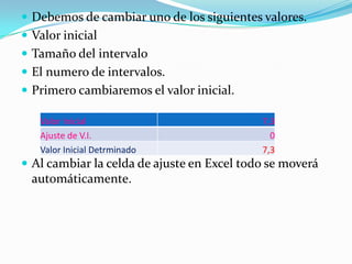  Debemos de cambiar uno de los siguientes valores.
 Valor inicial
 Tamaño del intervalo
 El numero de intervalos.
 Primero cambiaremos el valor inicial.
 Al cambiar la celda de ajuste en Excel todo se moverá
automáticamente.
Valor Inicial 7,3
Ajuste de V.I. 0
Valor Inicial Detrminado 7,3
 
