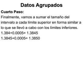 Datos Agrupados
Cuarto Paso:
Finalmente, vamos a sumar el tamaño del
intervalo a cada límite superior en forma similar a
lo que se llevó a cabo con los límites inferiores.
1.384+0.0005= 1.3845
1.3845+0.0005= 1.3850
 