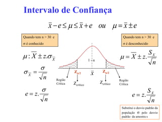 Intervalo de Confiança
                    x  e    x  e ou  = x  e
Quando tem n > 30 e                                            Quando tem n > 30 e
s é conhecido                                                  σ é desconhecido

                                                                       SX
 : X  z.s X                              1-α
                                                             = X  z.
                                                                        n
          s
sX =                            Z/2        x      Z/2
            n         Região                                Região
                      Crítica   Zcrítico         Zcrítico   Crítica

           s                                                                 SX
 e = z.                                                               e = z.
                n                                                             n
                                                             Substitui o desvio padrão da
                                                             população s pelo desvio
                                                             padrão da amostra s
 