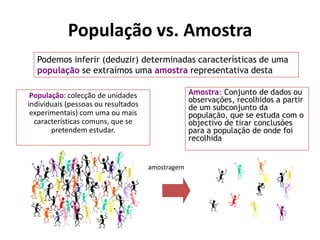 População vs. Amostra
  Podemos inferir (deduzir) determinadas características de uma
  população se extraímos uma amostra representativa desta

 População: colecção de unidades                  Amostra: Conjunto de dados ou
                                                  observações, recolhidos a partir
individuais (pessoas ou resultados                de um subconjunto da
 experimentais) com uma ou mais                   população, que se estuda com o
  características comuns, que se                  objectivo de tirar conclusões
       pretendem estudar.                         para a população de onde foi
                                                  recolhida


                                     amostragem
 