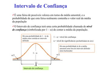 Intervalo de Confiança
É uma faixa de possíveis valores em torno da média amostral, e a
probabilidade de que esta faixa realmente contenha o valor real da média
da população
O Intervalo de confiança terá uma certa probabilidade chamada de nível
de confiança (simbolizada por 1 – ) de conter a média da população.

         Há uma probabilidade de 1 –  da
                                            1 – α = nível de confiança
         média estar contida no intervalo
         definido                           α = nível de significância (probabilidade de erro)

                                                     Há uma probabilidade  de a média
                                                     amostral estar fora do intervalo definido
                                                     (área hachurada)
                     1–α
/2                                            /2



                        x
          Intervalo de confiança
 