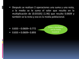  Después se realizan 2 operaciones una suma y una resta,
a la media se le suma el valor que resulto en la
multiplicación de (0.03105) (1.96) que resulto 0.0609 y
también se la resta y eso es la media poblacional.
 0.833 – 0.0609= 0.772
 0.833 + 0.0609= 0.893
Estos 2 resultados
son la media
muestral.
 