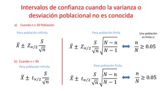 Intervalos de confianza cuando la varianza o
desviación poblacional no es conocida
ത
𝑋 ± 𝑍 Τ
∝ 2
𝑆
𝑛
Para población finita
Para población infinita
ത
𝑋 ± 𝑍 Τ
∝ 2
𝑆
𝑛
𝑁 − 𝑛
𝑁 − 1
𝑛
𝑁
≥ 0.05
a) Cuando n ≥ 30 Población
b) Cuando n < 30
Para población infinita Para población finita
ത
𝑋 ± 𝑡 Τ
∝ 2
𝑆
𝑛
ത
𝑋 ± 𝑡 Τ
∝ 2
𝑆
𝑛
𝑁 − 𝑛
𝑁 − 1
𝑛
𝑁
≥ 0.05
Una población
es finita si
 