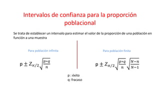 Intervalos de confianza para la proporción
poblacional
Se trata de establecer un intervalo para estimar el valor de la proporción de una población en
función a una muestra
p ± 𝑍 Τ
∝ 2
𝑝∗𝑞
𝑛
Para población infinita Para población finita
p ± 𝑍 Τ
∝ 2
𝑝∗𝑞
𝑛
𝑁−𝑛
𝑁−1
p : éxito
q: fracaso
 