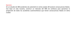 Ejercicio:
En un estudio de 300 accidentes de automóvil en cierta ciudad, 60 tuvieron consecuencias fatales.
Con base en esta muestra, construir un intervalo del 90% de confianza para aproximar la
proporción de todos los accidentes automovilísticos que tienen consecuencias fatales en dicha
ciudad.
 
