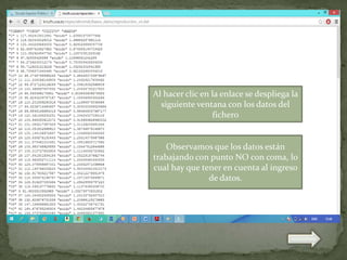 Al hacer clic en la enlace se despliega la
siguiente ventana con los datos del
fichero

Observamos que los datos están
trabajando con punto NO con coma, lo
cual hay que tener en cuenta al ingreso
de datos.

 