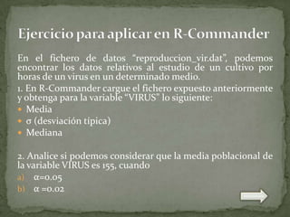 En el fichero de datos “reproduccion_vir.dat”, podemos
encontrar los datos relativos al estudio de un cultivo por
horas de un virus en un determinado medio.
1. En R-Commander cargue el fichero expuesto anteriormente
y obtenga para la variable “VIRUS” lo siguiente:
 Media
 σ (desviación típica)
 Mediana
2. Analice si podemos considerar que la media poblacional de
la variable VIRUS es 155, cuando
a) α=0.05
b) α =0.02

 