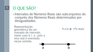 O QUE SÃO?
› Intervalos de Números Reais são subconjuntos do
conjunto dos Números Reais determinados por
desigualdades.
A e b nºs reais
Representação
geométrica de um
exemplo de intervalo,
neste caso b > a , pois a
reta real é orientada
nesse sentido.
 