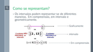 Como se representam?
› Os intervalos podem representar-se de diferentes
maneiras. Em compreensão, em intervalo e
geometricamente.
Graficamente
intervalo
Em compreensão
 