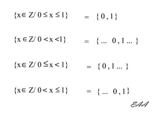 {x ∈ Z/ 0 ≤ x ≤ 1}   = { 0 , 1}

{x ∈ Z/ 0 < x <1}    = { ... 0 , 1 ... }

{x ∈ Z/ 0 ≤ x < 1}   = { 0 , 1 ... }

{x ∈ Z/ 0 < x ≤ 1}   = { ... 0 , 1 }
                                       EAA
 