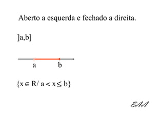 Aberto a esquerda e fechado a direita.

]a,b]


        a    b

{x ∈ R/ a < x ≤ b}

                                    EAA
 