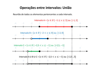 Operações entre intervalos: União
Reunião de todos os elementos pertencentes a cada intervalo.

                     Intervalo A =
 -4      -3       -2     -1        0      1       2       3    4



       Intervalo B =
 -4      -3       -2      -1      0       1       2       3    4



Intervalo C =
 -4      -3       -2      -1      0       1       2       3    4


      Intervalo A U B U C =
 -4      -3       -2      -1      0       1       2       3    4
 