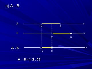 c) A - B



      A
                        -2           5

      B
                                 0       8



   A -B
                            -2   0


       A - B = ] -2 , 0 ]
 
