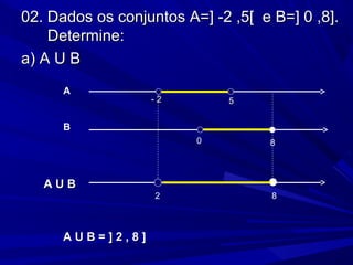 02. Dados os conjuntos A=] -2 ,5[ e B=] 0 ,8].
    Determine:
a) A U B
      A
                  -2          5

      B
                         0         8



   AUB
                   2                8



      AUB=]2,8]
 