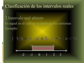 Clasificación de los intervalos reales 2.Intervalo real abierto Es aquel en el cual no se incluyen los extremos Ejemplo: -2  -1  0  1  2  3 