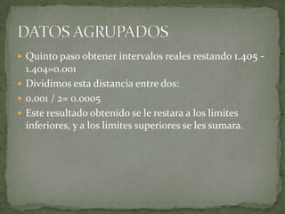  Quinto paso obtener intervalos reales restando 1.405    -
  1.404=0.001
 Dividimos esta distancia entre dos:
 0.001 / 2= 0.0005
 Este resultado obtenido se le restara a los limites
  inferiores, y a los limites superiores se les sumara.
 