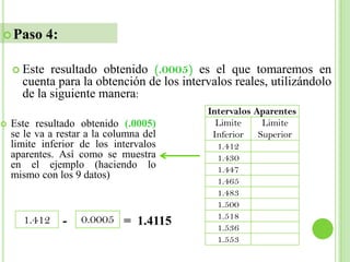  Paso       4:

     Este  resultado obtenido (.0005) es el que tomaremos en
      cuenta para la obtención de los intervalos reales, utilizándolo
      de la siguiente manera:
                                           Intervalos Aparentes
   Este resultado obtenido (.0005)          Limite    Limite
    se le va a restar a la columna del      Inferior Superior
    limite inferior de los intervalos        1.412
    aparentes. Así como se muestra           1.430
    en el ejemplo (haciendo lo               1.447
    mismo con los 9 datos)
                                             1.465
                                             1.483
                                             1.500
      1.412           0.0005 = 1.4115        1.518
                  -                          1.536
                                             1.553
 