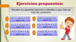 Si A=[-5, 3] y B=<-2, 4],
halla A - B
Si A=<-2, 3] y B=[ 1, 8>,
halla A U B
Si A=<-2, 3] y B=[ 1, 8>,
halla A U B
Si A=<-5, 6] y B=<-3, 7],
halla A ∩ B
3 6
41
Resuelve los siguientes ejercicios e identifica a que clase de
intervalo pertenece:
52
Si A=[-5, 3] y B=<-2, 4],
halla A - B
Si A=<-5, 6] y B=<-3, 7],
halla A ∩ B
 