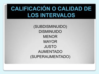 CALIFICACIÓN O CALIDAD DE LOS INTERVALOS (SUBDISMINUIDO)DISMINUIDOMENORMAYORJUSTOAUMENTADO(SUPERAUMENTADO)