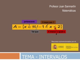 TEMA - INTERVALOS
Profesor Juan Sanmartín
Matemáticas
Recursos subvencionados por el…
 21/  xxA
perteneciente
Tal que X menor o igual a
2
X mayor que -1
 