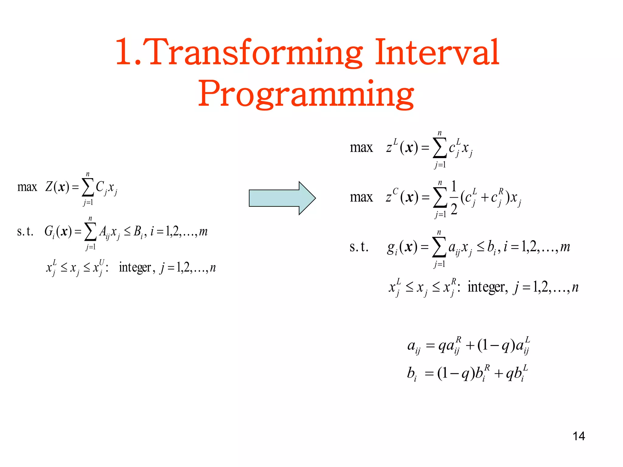 14
1.Transforming Interval
Programming
njxxx
mibxag
xccz
xcz
R
jj
L
j
n
j
ijiji
n
j
j
R
j
L
j
C
n
j
j
L
j
L
,,2,1integer,:
,,2,1,)(t.s.
)(
2
1
)(max
)(max
1
1
1












x
x
x
njxxx
miBxAG
xCZ
U
jj
L
j
n
j
ijiji
n
j
jj
,,2,1,integer:
,,2,1,)(t.s.
)(max
1
1









x
x
L
i
R
ii
L
ij
R
ijij
qbbqb
aqqaa


)1(
)1(
 