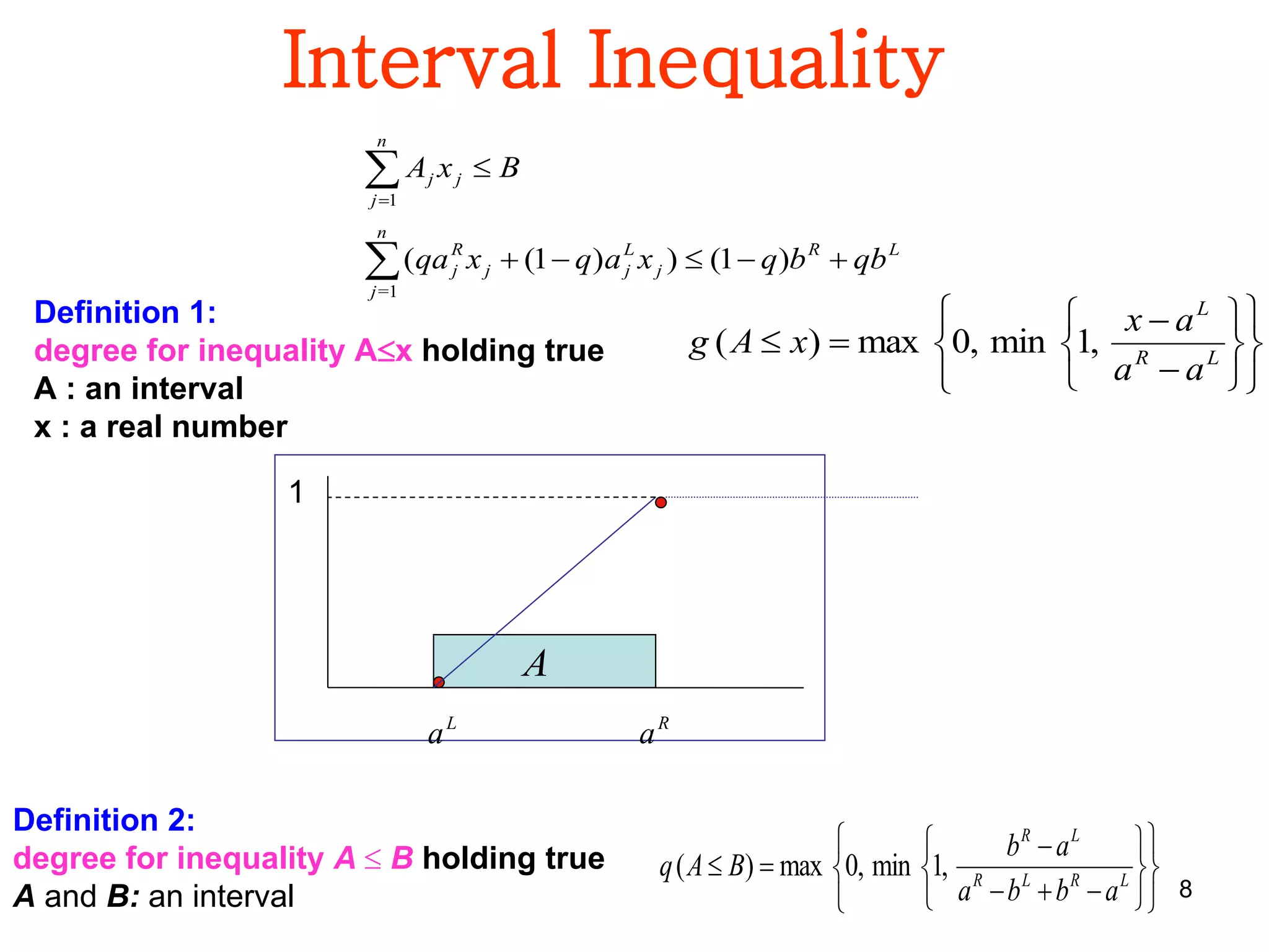 8
Interval Inequality
Definition 1:
degree for inequality Ax holding true
A : an interval
x : a real number














 LR
L
aa
ax
xAg ,1min,0max)(
Definition 2:
degree for inequality A  B holding true
A and B: an interval 













 LRLR
LR
abba
ab
BAq ,1min,0max)(





n
j=
LR
j
L
jj
R
j
j
n
j
j
qbbqxaqxqa
BxA
1
1
)1())1((
L
a
1
R
a
A
 
