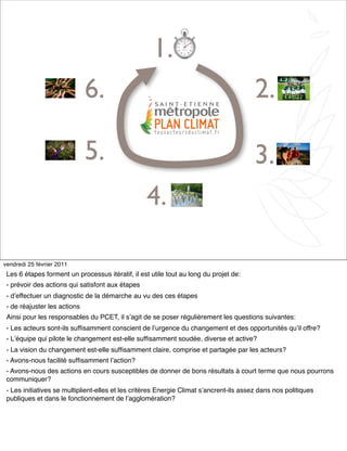 9
1.
2.
3.
4.
5.
6.
vendredi 25 février 2011
Les 6 étapes forment un processus itératif, il est utile tout au long du projet de:
- prévoir des actions qui satisfont aux étapes
- dʼeffectuer un diagnostic de la démarche au vu des ces étapes
- de réajuster les actions
Ainsi pour les responsables du PCET, il sʼagit de se poser régulièrement les questions suivantes:
- Les acteurs sont-ils sufﬁsamment conscient de lʼurgence du changement et des opportunités quʼil offre?
- Lʼéquipe qui pilote le changement est-elle sufﬁsamment soudée, diverse et active?
- La vision du changement est-elle sufﬁsamment claire, comprise et partagée par les acteurs?
- Avons-nous facilité sufﬁsamment lʼaction?
- Avons-nous des actions en cours susceptibles de donner de bons résultats à court terme que nous pourrons
communiquer?
- Les initiatives se multiplient-elles et les critères Energie Climat sʼancrent-ils assez dans nos politiques
publiques et dans le fonctionnement de lʼagglomération?
 