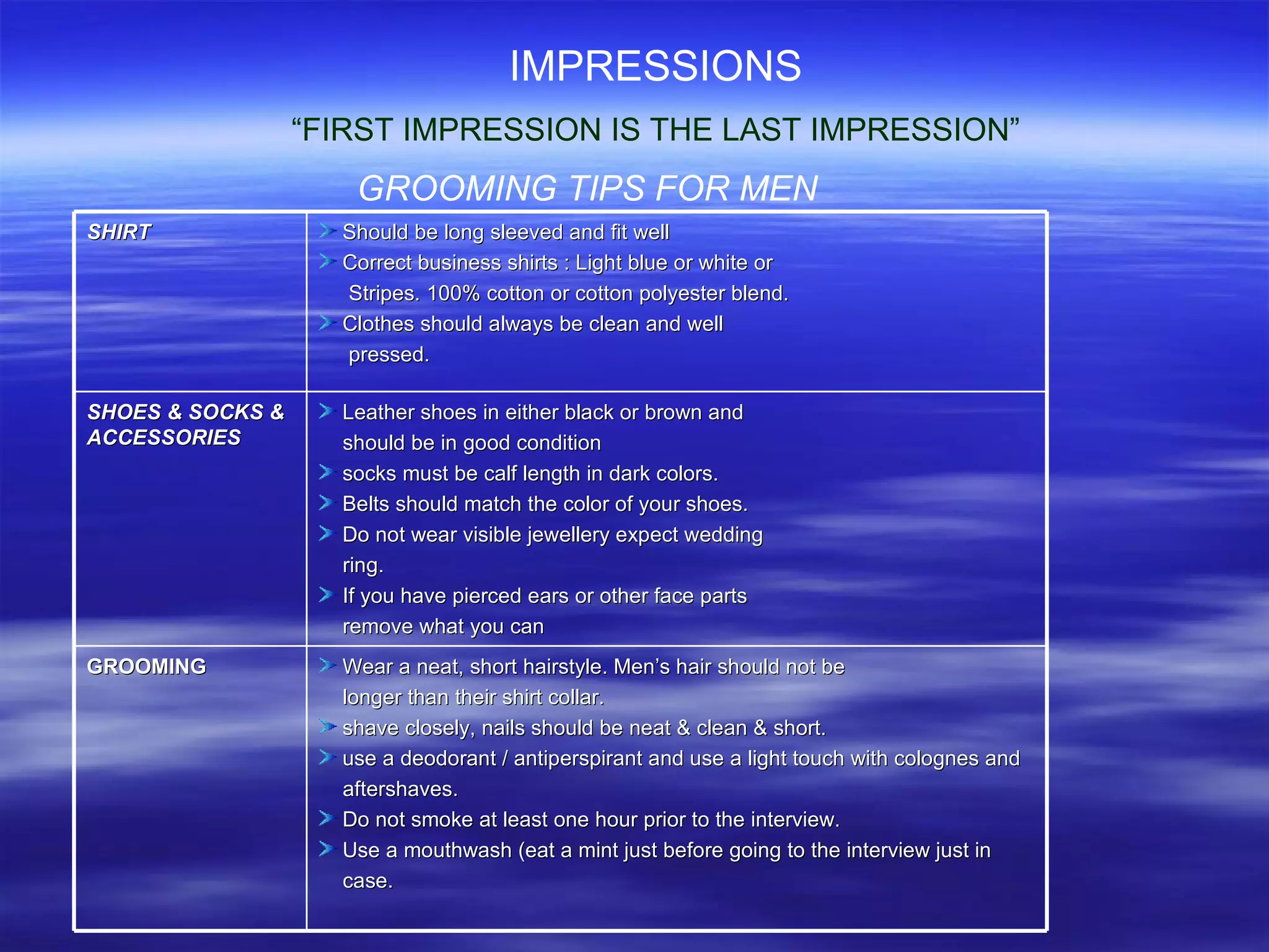 IMPRESSIONS “ FIRST IMPRESSION IS THE LAST IMPRESSION” GROOMING TIPS FOR MEN SHIRT Should be long sleeved and fit well Correct business shirts : Light blue or white or Stripes. 100% cotton or cotton polyester blend. Clothes should always be clean and well  pressed. SHOES & SOCKS & ACCESSORIES Leather shoes in either black or brown and  should be in good condition socks must be calf length in dark colors. Belts should match the color of your shoes. Do not wear visible jewellery expect wedding  ring. If you have pierced ears or other face parts  remove what you can GROOMING Wear a neat, short hairstyle. Men’s hair should not be  longer than their shirt collar. shave closely, nails should be neat & clean & short. use a deodorant / antiperspirant and use a light touch with colognes and  aftershaves. Do not smoke at least one hour prior to the interview.  Use a mouthwash (eat a mint just before going to the interview just in  case. 