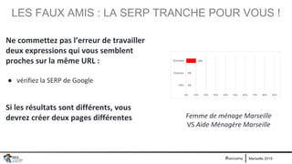 Marseille 2019#seocamp
LES FAUX AMIS : LA SERP TRANCHE POUR VOUS !
Ne commettez pas l’erreur de travailler
deux expressions qui vous semblent
proches sur la même URL :
● vérifiez la SERP de Google
Si les résultats sont différents, vous
devrez créer deux pages différentes Femme de ménage Marseille
VS Aide Ménagère Marseille
 