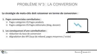 Marseille 2019#seocamp
La stratégie de mots-clés doit raisonner en terme de conversion :
1. Pages commerciales cannibalisées :
○ Pages catégories VS Pages produits
○ Pages catégories VS Pages éditoriales (blog, dossier)
1. Les conséquences d’une cannibalisation :
○ réduction du taux de conversion
○ dégradation des KPI (taux de rebond, pages moyennes / visite)
PROBLÈME N°3 : LA CONVERSION
 