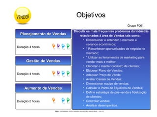 PEGI - PROGRAMA DE EXTENSÃO EM GESTÃO INDUSTRIAL – JUL/10
Objetivos
Planejamento de VendasPlanejamento de VendasPlanejamento de VendasPlanejamento de Vendas
Duração 4 horasDuração 4 horas
Gestão de VendasGestão de VendasGestão de VendasGestão de Vendas
Duração 4 horasDuração 4 horas
Aumento de VendasAumento de VendasAumento de VendasAumento de Vendas
Duração 2 horasDuração 2 horas
Discutir os mais frequentes problemas da indústria
relacionados à área de Vendas tais como:
• Dimensionar e entender o mercado e
cenários econômicos;
• * Reconhecer oportunidades de negócio no
mercado;
• * Utilizar as ferramentas de marketing para
vender mais e melhor;
• Elaborar e manter cadastro de clientes;
• Elaborar Plano de Vendas;
• Adequar Preço de Venda;
• Avaliar Canais de Vendas;
• Dimensionar equipe de vendas;
• Calcular o Ponto de Equilíbrio de Vendas;
• Definir estratégia de pós-venda e fidelização
de clientes;
• Controlar vendas;
• Analisar desempenhos.
Discutir os mais frequentes problemas da indústria
relacionados à área de Vendas tais como:
• Dimensionar e entender o mercado e
cenários econômicos;
• * Reconhecer oportunidades de negócio no
mercado;
• * Utilizar as ferramentas de marketing para
vender mais e melhor;
• Elaborar e manter cadastro de clientes;
• Elaborar Plano de Vendas;
• Adequar Preço de Venda;
• Avaliar Canais de Vendas;
• Dimensionar equipe de vendas;
• Calcular o Ponto de Equilíbrio de Vendas;
• Definir estratégia de pós-venda e fidelização
de clientes;
• Controlar vendas;
• Analisar desempenhos.
Grupo F001
 