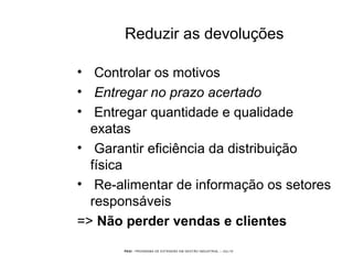 PEGI - PROGRAMA DE EXTENSÃO EM GESTÃO INDUSTRIAL – JUL/10
Reduzir as devoluções
• Controlar os motivos
• Entregar no prazo acertado
• Entregar quantidade e qualidade
exatas
• Garantir eficiência da distribuição
física
• Re-alimentar de informação os setores
responsáveis
=> Não perder vendas e clientes
 