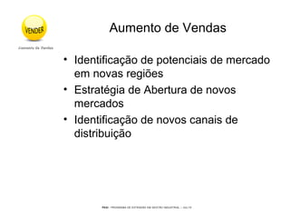PEGI - PROGRAMA DE EXTENSÃO EM GESTÃO INDUSTRIAL – JUL/10
Aumento de Vendas
• Identificação de potenciais de mercado
em novas regiões
• Estratégia de Abertura de novos
mercados
• Identificação de novos canais de
distribuição
Aumento de VendasAumento de VendasAumento de Vendas
 
