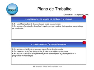 PEGI - PROGRAMA DE EXTENSÃO EM GESTÃO INDUSTRIAL – JUL/10
Plano de Trabalho
Grupo F001 – Empresa XXXX
5 – DESENVOLVER AÇÕES DE ESTÍMULO A VENDAS5 – DESENVOLVER AÇÕES DE ESTÍMULO A VENDAS
5.1 – identificar ações já desenvolvidas pelos concorrentes;
5.2 – apoiar a formulação de ações inovadoras, com análise de impacto e expectativas
de resultados;
5.1 – identificar ações já desenvolvidas pelos concorrentes;
5.2 – apoiar a formulação de ações inovadoras, com análise de impacto e expectativas
de resultados;
6 - IMPLANTAR AÇÕES DE PÓS-VENDA6 - IMPLANTAR AÇÕES DE PÓS-VENDA
6.1 – apoiar a criação de processos específicos de pós-venda;
6.2 – recomendar ações de capacitação dos envolvidos na empresa;
6.3 – apoiar a definição e implementação de estratégias e ações específicas –
programas de fidelização
6.1 – apoiar a criação de processos específicos de pós-venda;
6.2 – recomendar ações de capacitação dos envolvidos na empresa;
6.3 – apoiar a definição e implementação de estratégias e ações específicas –
programas de fidelização
 