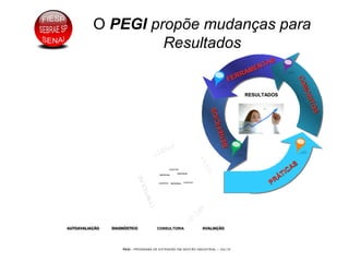 PEGI - PROGRAMA DE EXTENSÃO EM GESTÃO INDUSTRIAL – JUL/10
O PEGI propõe mudanças para
Resultados
FERRAMENTAS
FERRAMENTAS
CONCEITOS
CONCEITOS
PRÁTICAS
PRÁTICAS
BENEFÍCIOS
BENEFÍCIOS
RESULTADOSRESULTADOS
AUTOAVALIAÇÃOAUTOAVALIAAUTOAVALIAÇÇÃOÃO DIAGNÓSTICODIAGNDIAGNÓÓSTICOSTICO AVALIAÇÃOAVALIAAVALIAÇÇÃOÃO
LIDERAR
LIDERAR
CONTROLAR
CONTROLAR
FAZER
FAZER
VEN
D
ER
VEN
D
ER
CONSULTORIACONSULTORIA
COLETIVOCOLETIVO
INDIVIDUALINDIVIDUAL
INDIVIDUALINDIVIDUAL
COLETIVOCOLETIVOCOLETIVOCOLETIVO INDIVIDUALINDIVIDUAL
COLETIVOCOLETIVO
INDIVIDUALINDIVIDUAL
INDIVIDUALINDIVIDUAL
COLETIVOCOLETIVOCOLETIVOCOLETIVO INDIVIDUALINDIVIDUAL
 
