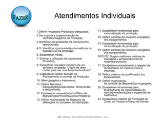 PEGI - PROGRAMA DE EXTENSÃO EM GESTÃO INDUSTRIAL – JUL/10
Atendimentos Individuais
1.Definir Processos Produtivos adequados;
2.Dar suporte a implementação de
controles/Registros de Produção;
3.Identificar necessidades de treinamentos
operacionais;
4./5. Identificar oportunidades de melhoria no
fluxo/lay out na produção;
6. Estabelecer metas;
7. Estimar a utilização da capacidade
Produtiva;
8. Especificar requisitos mínimos de um
software de gestão. O que ele deve
conter para ser uma ferramenta eficaz?
9. Estabelecer melhor formato de
Planejamento e controle da Produção;
10. Aferir gargalos e tratamento;
11. Definir Recursos
adequados(equipamentos, ferramentas
e dispositivos);
12. Estabelecer necessidade do Plano de
Manutenção(Preventiva e/ou Preditiva);
13. Definir necessidade de Registros de
alterações no processo de fabricação;
14. Estabelecer ferramentas para
racionalização da produção;
15. Definir controle de consumo energético
dos equipamentos;
14. Estabelecer ferramentas para
racionalização da produção;
15. Definir controle de consumo energético
dos equipamentos;
16/21/22. Sugerir melhores práticas de
manuseio e armazenamento de
materiais/produtos;
17. Estabelecer procedimento e registro de
recebimento de matéria prima e
insumos;
18. Definir critérios de qualificação dos
fornecedores;
19. Definir metodologia
de controle de desperdícios e gargalos;
20. Estabelecer ferramentas para
levantamento de necessidades de
mercado(reclamações e sugestões de
melhorias);
23. Estabelecer critérios de Formação de
Custo do Produto e Preço de Venda;
 
