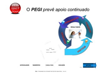PEGI - PROGRAMA DE EXTENSÃO EM GESTÃO INDUSTRIAL – JUL/10
O PEGI prevê apoio continuado
FERRAMENTAS
FERRAMENTAS
CONCEITOS
CONCEITOS
PRÁTICAS
PRÁTICAS
BENEFÍCIOS
BENEFÍCIOS
RESULTADOSRESULTADOS
APOIOAPOIOAPOIOAPOIO
...
AUTOAVALIAÇÃOAUTOAVALIAAUTOAVALIAÇÇÃOÃO DIAGNÓSTICODIAGNDIAGNÓÓSTICOSTICO AVALIAÇÃOAVALIAAVALIAÇÇÃOÃO
LIDERAR
LIDERAR
CONTROLAR
CONTROLAR
FAZER
FAZER
VEN
D
ER
VEN
D
ER
CONSULTORIACONSULTORIA
COLETIVOCOLETIVO
INDIVIDUALINDIVIDUAL
INDIVIDUALINDIVIDUAL
COLETIVOCOLETIVOCOLETIVOCOLETIVO INDIVIDUALINDIVIDUAL
COLETIVOCOLETIVO
INDIVIDUALINDIVIDUAL
INDIVIDUALINDIVIDUAL
COLETIVOCOLETIVOCOLETIVOCOLETIVO INDIVIDUALINDIVIDUAL
 