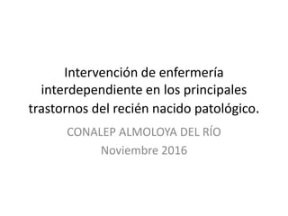 Intervención de enfermería
interdependiente en los principales
trastornos del recién nacido patológico.
CONALEP ALMOLOYA DEL RÍO
Noviembre 2016
 