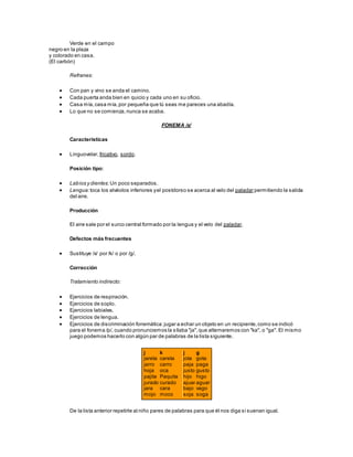 Verde en el campo
negro en la plaza
y colorado en casa.
(El carbón)
Refranes:
 Con pan y vino se anda el camino.
 Cada puerta anda bien en quicio y cada uno en su oficio.
 Casa mía,casa mía,por pequeña que tú seas me pareces una abadía.
 Lo que no se comienza,nunca se acaba.
FONEMA /x/
Características
 Linguovelar, fricativo, sordo.
Posición tipo:
 Labios y dientes: Un poco separados.
 Lengua:toca los alvéolos inferiores yel postdorso se acerca al velo del paladar permitiendo la salida
del aire.
Producción
El aire sale por el surco central formado por la lengua y el velo del paladar.
Defectos más frecuentes
 Sustituye /x/ por /k/ o por /g/.
Corrección
Tratamiento indirecto:
 Ejercicios de respiración.
 Ejercicios de soplo.
 Ejercicios labiales.
 Ejercicios de lengua.
 Ejercicios de discriminación fonemática:jugar a echar un objeto en un recipiente,como se indicó
para el fonema /p/, cuando pronunciemos la sílaba "ja",que alternaremos con "ka", o "ga". El mismo
juego podemos hacerlo con algún par de palabras de la lista siguiente.
j
jareta
jarro
hoja
pajita
jurado
jara
mojo
k
careta
carro
oca
Paquita
curado
cara
moco
j
jota
paja
justo
hijo
ajuar
bajo
soja
g
gota
paga
gusto
higo
aguar
vago
soga
De la lista anterior repetirle al niño pares de palabras para que él nos diga si suenan igual.
 