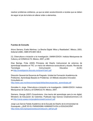 resolver problemas cotidianos, ya que se estan acostumbrando a recetas que se deben
de seguir al pie de la letra sin alterar orden o elementos.

Fuentes de Consulta
Arturo Serrano, Evelio Martinez. La Brecha Digital: Mitos y Realidades", México, 2003,
Editorial UABC, ISBN 970-9051-89-X
[1]. Cibercultura e iniciación a la investigación. UNAM-CEIICH. Instituto Mexiquense de
Cultura y el CONACULTA. México, 2007, p.309
Díaz Barriga, Frida (2005) Principios del Diseño Instruccional de entornos de
aprendizaje basados en TIC: un marco de referencia sociocultural y situado. Revista de
Tecnología
y
Comunicación
Educativa
(ILCE)
en:http://investigacion.ilce.edu.mx/tyce/41/art1.pdf
Dirección General de Docencia de Pregrado. Unidad de Formación Académica de
Profesores. Aprendizaje Basado en Problemas. Un Método educativo Innovador.
Consultado en:
http://www.uaa.mx/direcciones/dgdp/defaa/descargas/abp_aprendizaje.pdf
González A, Jorge. Cibercultura e iniciación a la investigación. UNAM-CEIICH. Instituto
Mexiquense de Cultura y el CONACULTA. México, 2007.
Siemens, George (2007) Conectivismo. Una teoría del aprendizaje para la era digital.
Ministerio de Educación de Colombia. Publicado bajo licencia CreativeCommons 2.5
en:http://cecip.upaep.mx/googledocs/web/Lectura1.pdf
Jorge Luis García Fabela Académico de la Escuela de Diseño de la Universidad de
Guanajuato. ¿QUÉ ES EL PARADIGMA HUMANISTA EN LA EDUCACIÓN?
http://www.riial.org/espacios/educom/educom_tall1ph.pdf

 