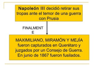 Napoleón III decidió retirar sus
tropas ante el temor de una guerra
con Prusia
MAXIMILIANO, MIRAMÓN Y MEJÍA
fueron capturados en Querétaro y
juzgados por un Consejo de Guerra.
En junio de 1867 fueron fusilados.
FINALMENT
E
 
