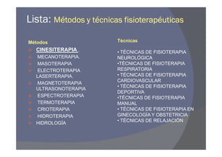 Lista: Métodos y técnicas fisioterapéuticas
Métodos                 Técnicas
  CINESITERAPIA .       • TÉCNICAS DE FISIOTERAPIA
  MECANOTERAPIA.        NEUROLÓGICA
  MASOTERAPIA           •TÉCNICAS DE FISIOTERAPIA
  ELECTROTERAPIA        RESPIRATORIA
  LASERTERAPIA.         • TÉCNICAS DE FISIOTERAPIA
                        CARDIOVASCULAR
  MAGNETOTERAPIA
                        • TÉCNICAS DE FISIOTERAPIA
  ULTRASONOTERAPIA
                        DEPORTIVA
  ESPECTROTERAPIA       •TÉCNICAS DE FISIOTERAPIA
  TERMOTERAPIA          MANUAL
  CRIOTERAPIA           • TÉCNICAS DE FISIOTERAPIA EN
  HIDROTERAPIA          GINECOLOGÍA Y OBSTETRICIA
                        • TÉCNICAS DE RELAJACIÓN
  HIDROLOGÍA
 