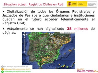 Situación actual: Registros Civiles en Red  Digitalización de todos los Órganos Registrales y Juzgados de Paz (para que ciudadanos e instituciones puedan en el futuro acceder telemáticamente al Registro Civil).  Actualmente se han digitalizado  38   millones  de páginas. 