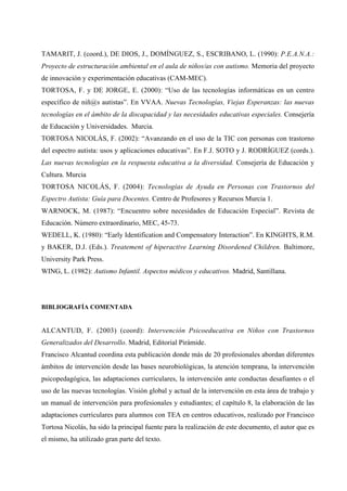 TAMARIT, J. (coord.), DE DIOS, J., DOMÍNGUEZ, S., ESCRIBANO, L. (1990): P.E.A.N.A.:
Proyecto de estructuración ambiental en el aula de niños/as con autismo. Memoria del proyecto
de innovación y experimentación educativas (CAM-MEC).
TORTOSA, F. y DE JORGE, E. (2000): “Uso de las tecnologías informáticas en un centro
específico de niñ@s autistas”. En VVAA. Nuevas Tecnologías, Viejas Esperanzas: las nuevas
tecnologías en el ámbito de la discapacidad y las necesidades educativas especiales. Consejería
de Educación y Universidades. Murcia.
TORTOSA NICOLÁS, F. (2002): “Avanzando en el uso de la TIC con personas con trastorno
del espectro autista: usos y aplicaciones educativas”. En F.J. SOTO y J. RODRÍGUEZ (cords.).
Las nuevas tecnologías en la respuesta educativa a la diversidad. Consejería de Educación y
Cultura. Murcia
TORTOSA NICOLÁS, F. (2004): Tecnologías de Ayuda en Personas con Trastornos del
Espectro Autista: Guía para Docentes. Centro de Profesores y Recursos Murcia 1.
WARNOCK, M. (1987): “Encuentro sobre necesidades de Educación Especial”. Revista de
Educación. Número extraordinario, MEC, 45-73.
WEDELL, K. (1980): “Early Identification and Compensatory Interaction”. En KINGHTS, R.M.
y BAKER, D.J. (Eds.). Treatement of hiperactive Learning Disordened Children. Baltimore,
University Park Press.
WING, L. (1982): Autismo Infantil. Aspectos médicos y educativos. Madrid, Santillana.
BIBLIOGRAFÍA COMENTADA
ALCANTUD, F. (2003) (coord): Intervención Psicoeducativa en Niños con Trastornos
Generalizados del Desarrollo. Madrid, Editorial Pirámide.
Francisco Alcantud coordina esta publicación donde más de 20 profesionales abordan diferentes
ámbitos de intervención desde las bases neurobiológicas, la atención temprana, la intervención
psicopedagógica, las adaptaciones curriculares, la intervención ante conductas desafiantes o el
uso de las nuevas tecnologías. Visión global y actual de la intervención en esta área de trabajo y
un manual de intervención para profesionales y estudiantes; el capítulo 8, la elaboración de las
adaptaciones curriculares para alumnos con TEA en centros educativos, realizado por Francisco
Tortosa Nicolás, ha sido la principal fuente para la realización de este documento, el autor que es
el mismo, ha utilizado gran parte del texto.
 